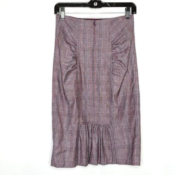Nanette Lepore Purple Plaid Wool Blend Ruched Ruffle Pencil Midi Skirt Sz 2 - Picture 3 of 4